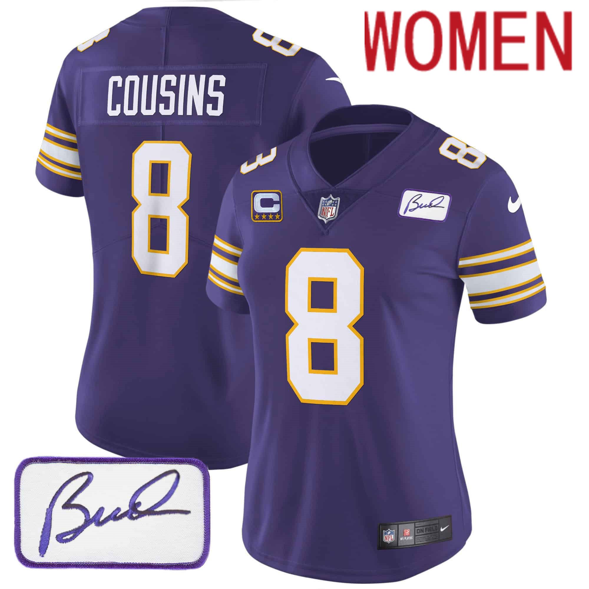 Women Minnesota Vikings #8 Cousins Purple 2024 Nike Bud Grant Patch Classic Limited NFL Jersey style 1->women nfl jersey->Women Jersey